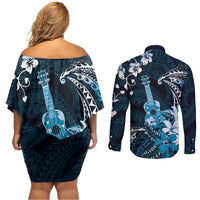 Hawaii Ukulele Couples Matching Off Shoulder Short Dress and Long Sleeve Button Shirt Polynesian Pattern Mix Hibiscus Blue Version LT05 - Polynesian Pride