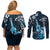 Hawaii Ukulele Couples Matching Off Shoulder Short Dress and Long Sleeve Button Shirt Polynesian Pattern Mix Hibiscus Blue Version LT05