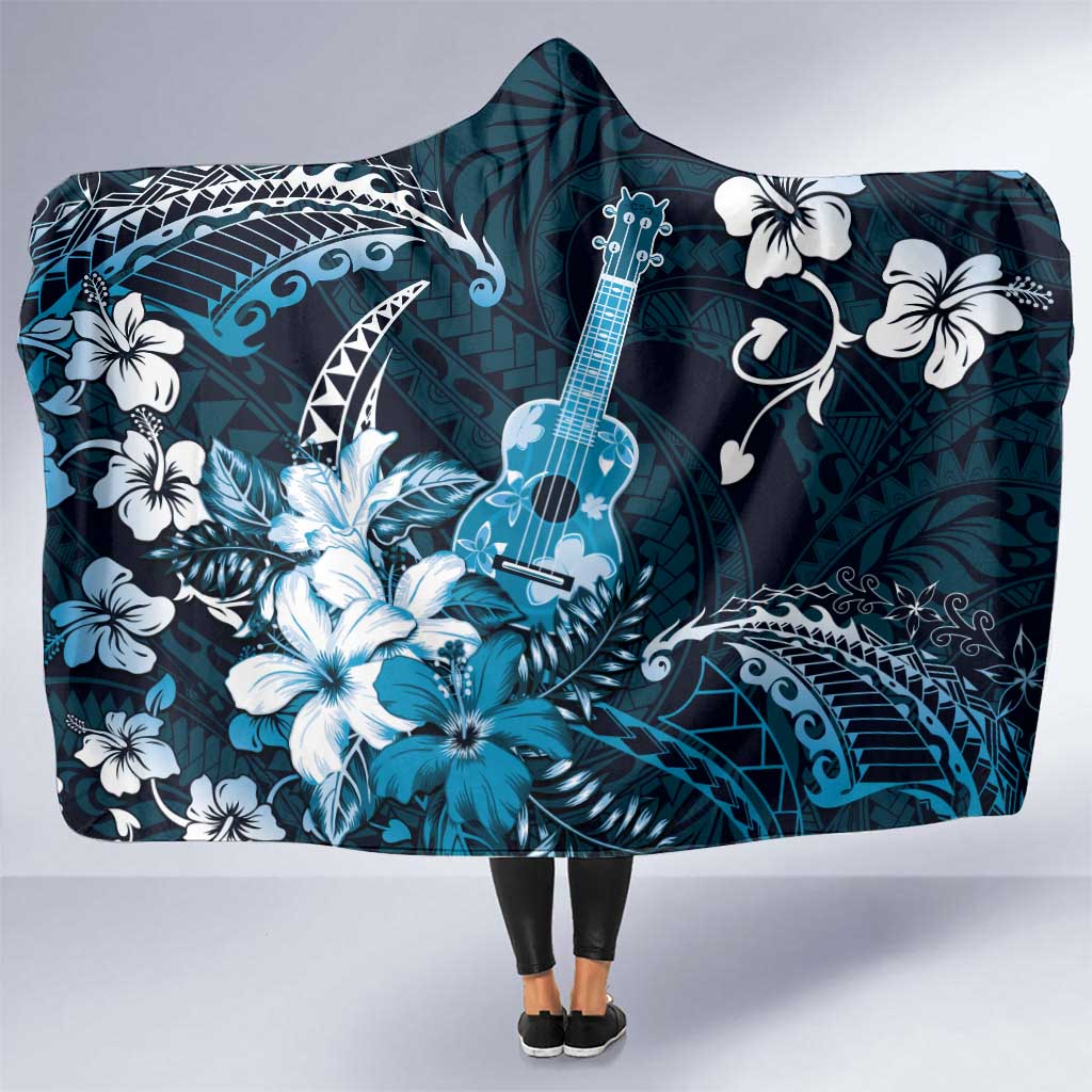 Hawaii Ukulele Hooded Blanket Polynesian Pattern Mix Hibiscus Blue Version LT05 One Size Blue - Polynesian Pride