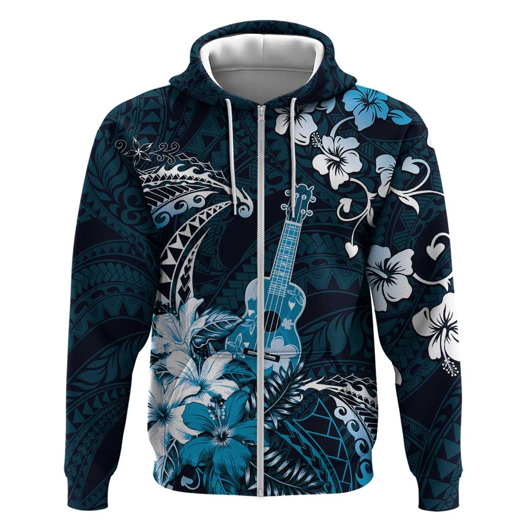 Hawaii Ukulele Hoodie Polynesian Pattern Mix Hibiscus Blue Version LT05 Zip Hoodie Blue - Polynesian Pride
