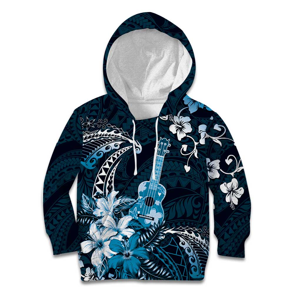 Hawaii Ukulele Kid Hoodie Polynesian Pattern Mix Hibiscus Blue Version LT05 Hoodie Blue - Polynesian Pride