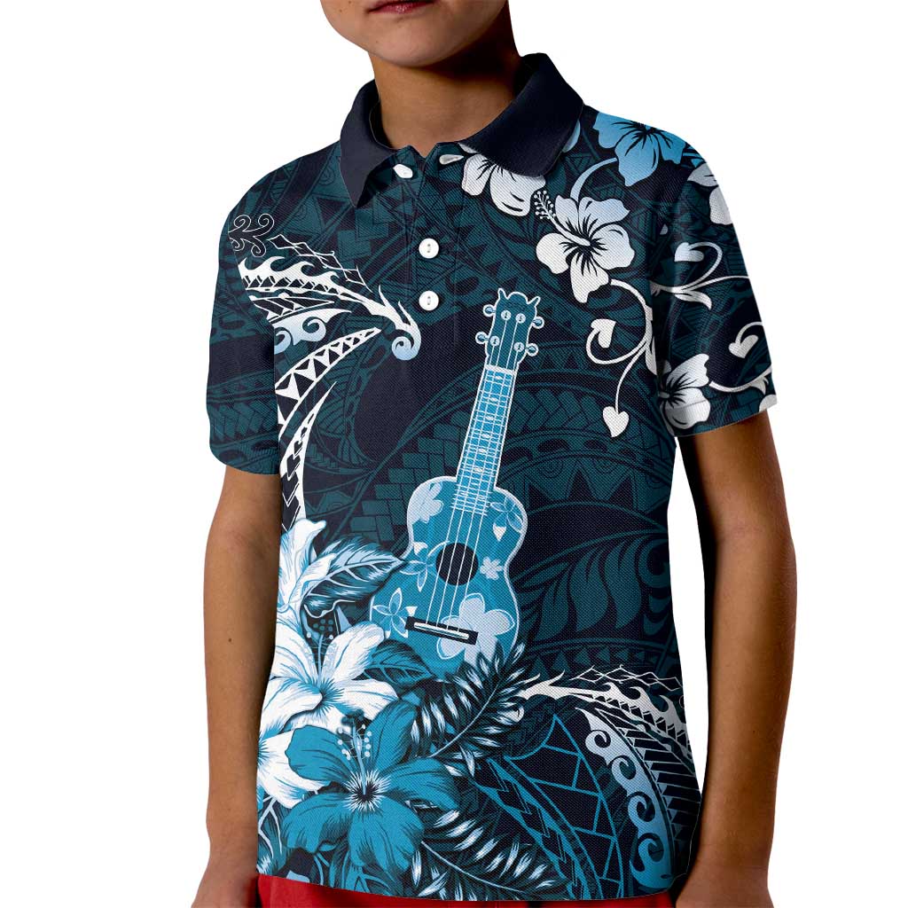 Hawaii Ukulele Kid Polo Shirt Polynesian Pattern Mix Hibiscus Blue Version LT05 Kid Blue - Polynesian Pride
