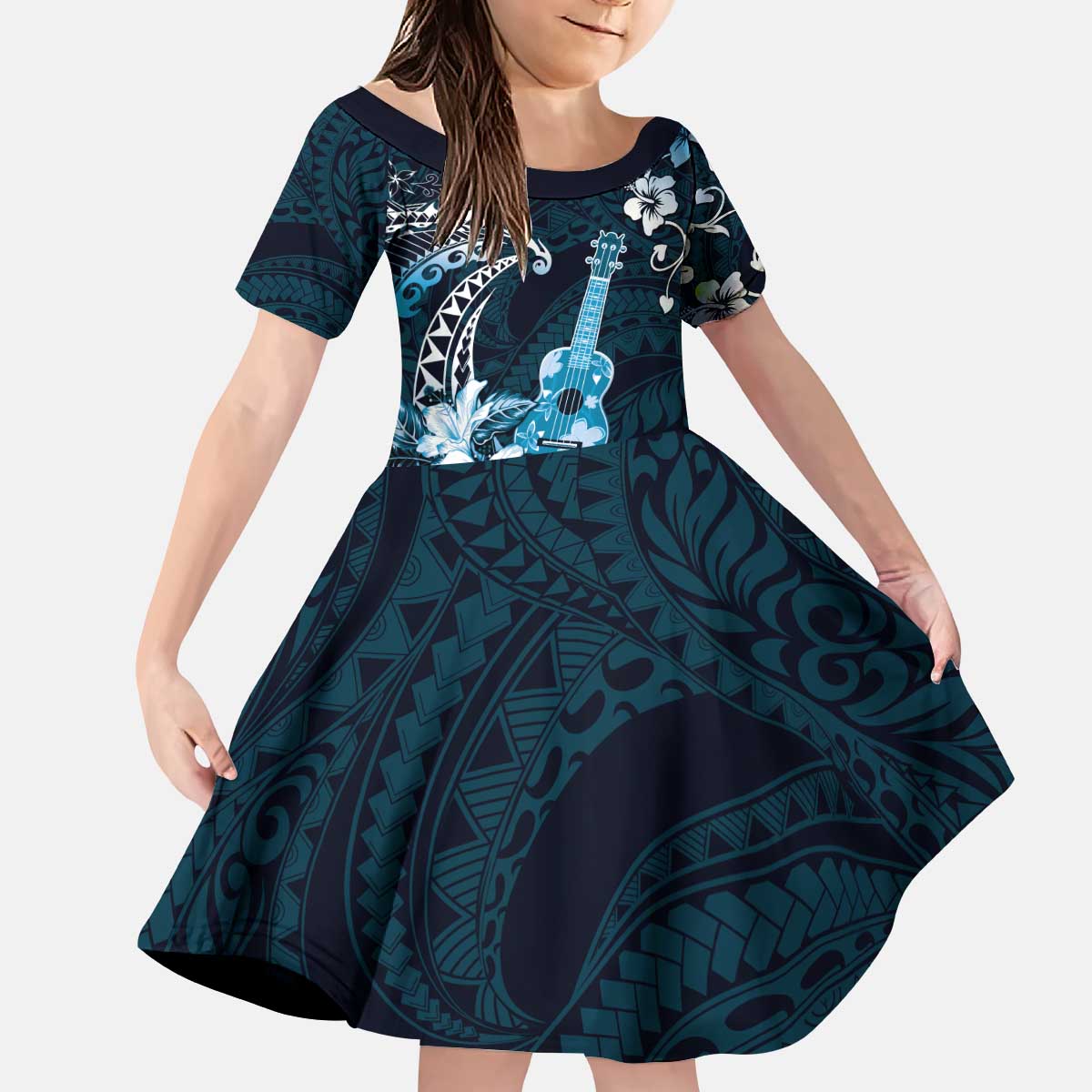 Hawaii Ukulele Kid Short Sleeve Dress Polynesian Pattern Mix Hibiscus Blue Version LT05 KID Blue - Polynesian Pride