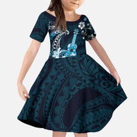 Hawaii Ukulele Kid Short Sleeve Dress Polynesian Pattern Mix Hibiscus Blue Version LT05 KID Blue - Polynesian Pride