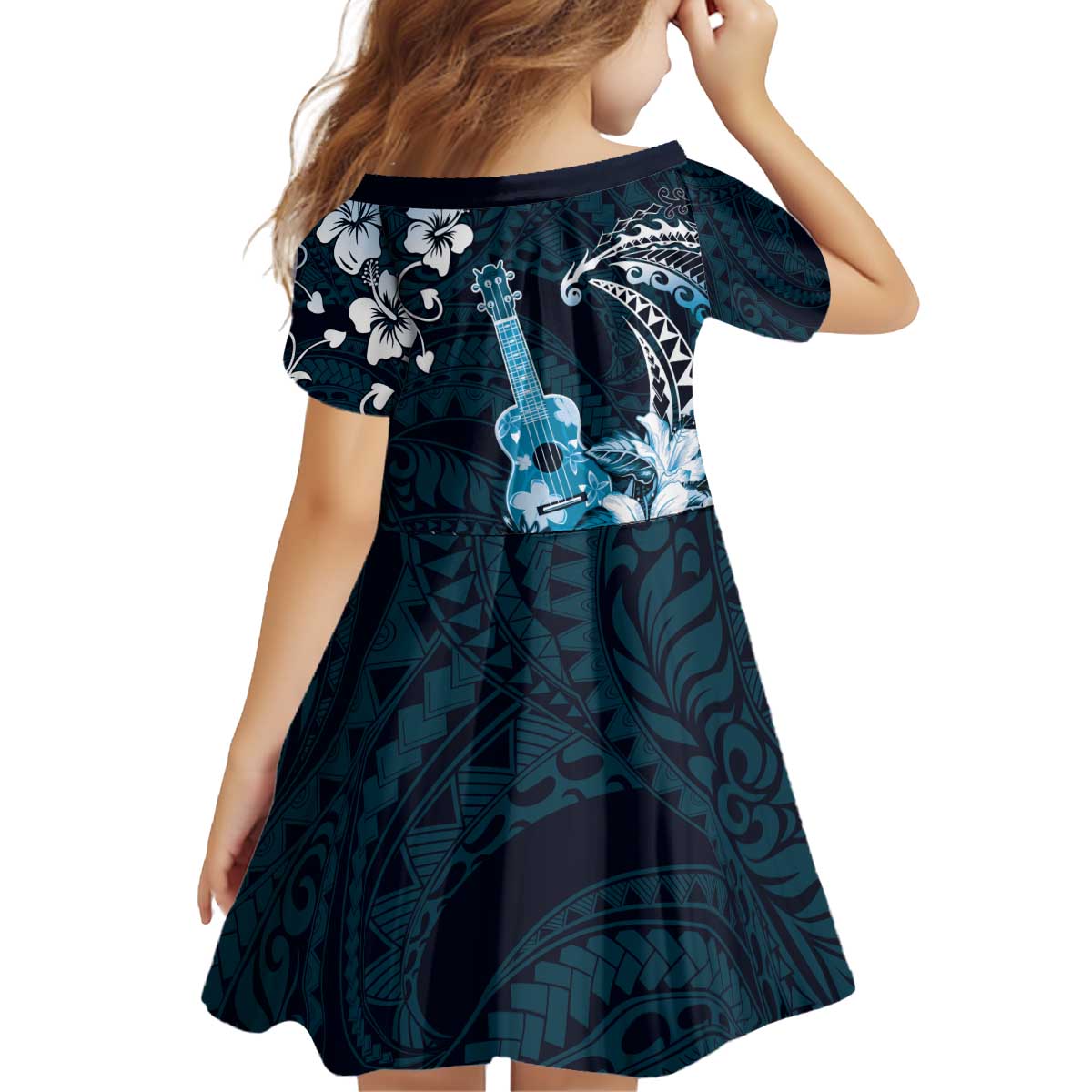 Hawaii Ukulele Kid Short Sleeve Dress Polynesian Pattern Mix Hibiscus Blue Version LT05 - Polynesian Pride