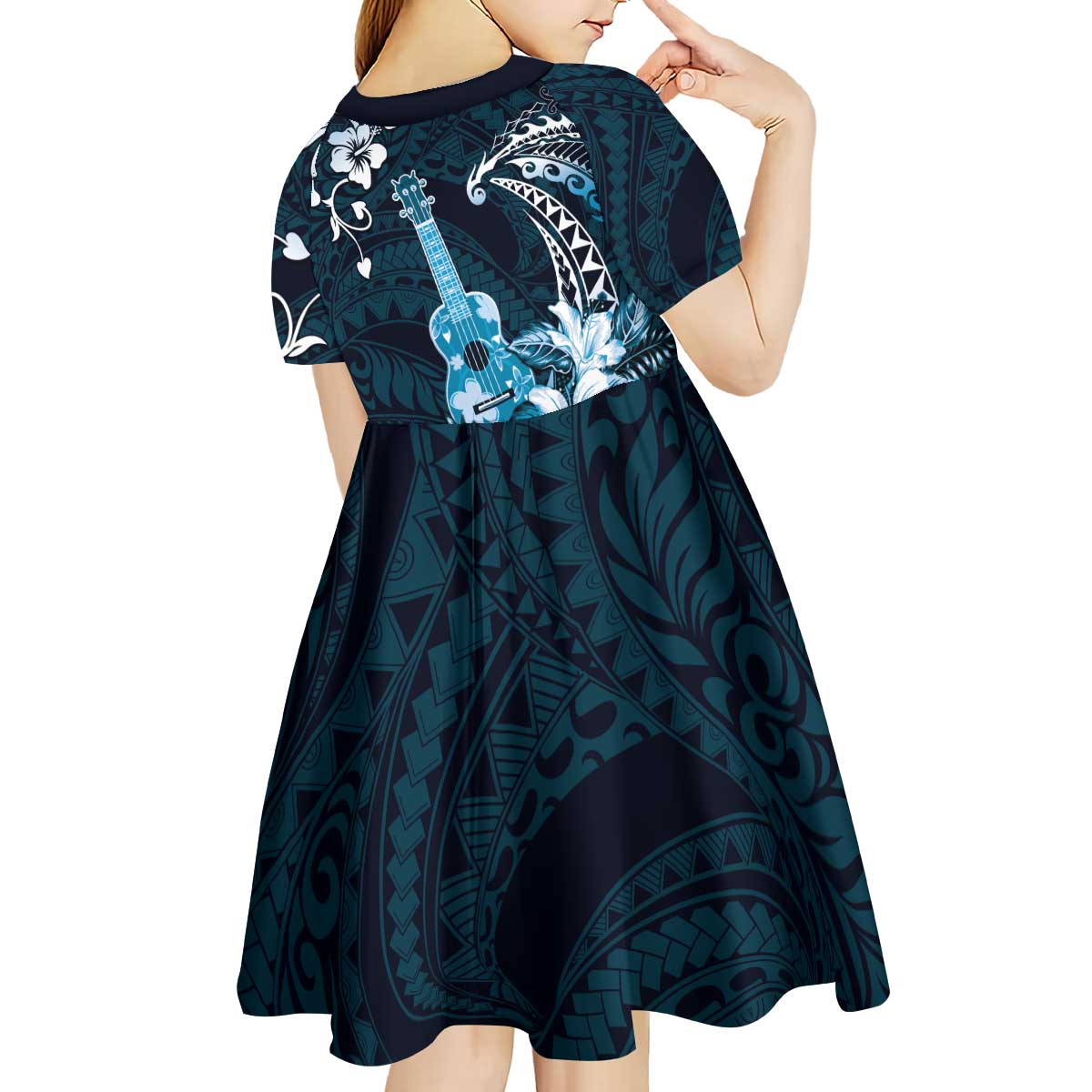 Hawaii Ukulele Kid Short Sleeve Dress Polynesian Pattern Mix Hibiscus Blue Version LT05 - Polynesian Pride