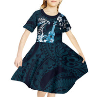 Hawaii Ukulele Kid Short Sleeve Dress Polynesian Pattern Mix Hibiscus Blue Version LT05 - Polynesian Pride