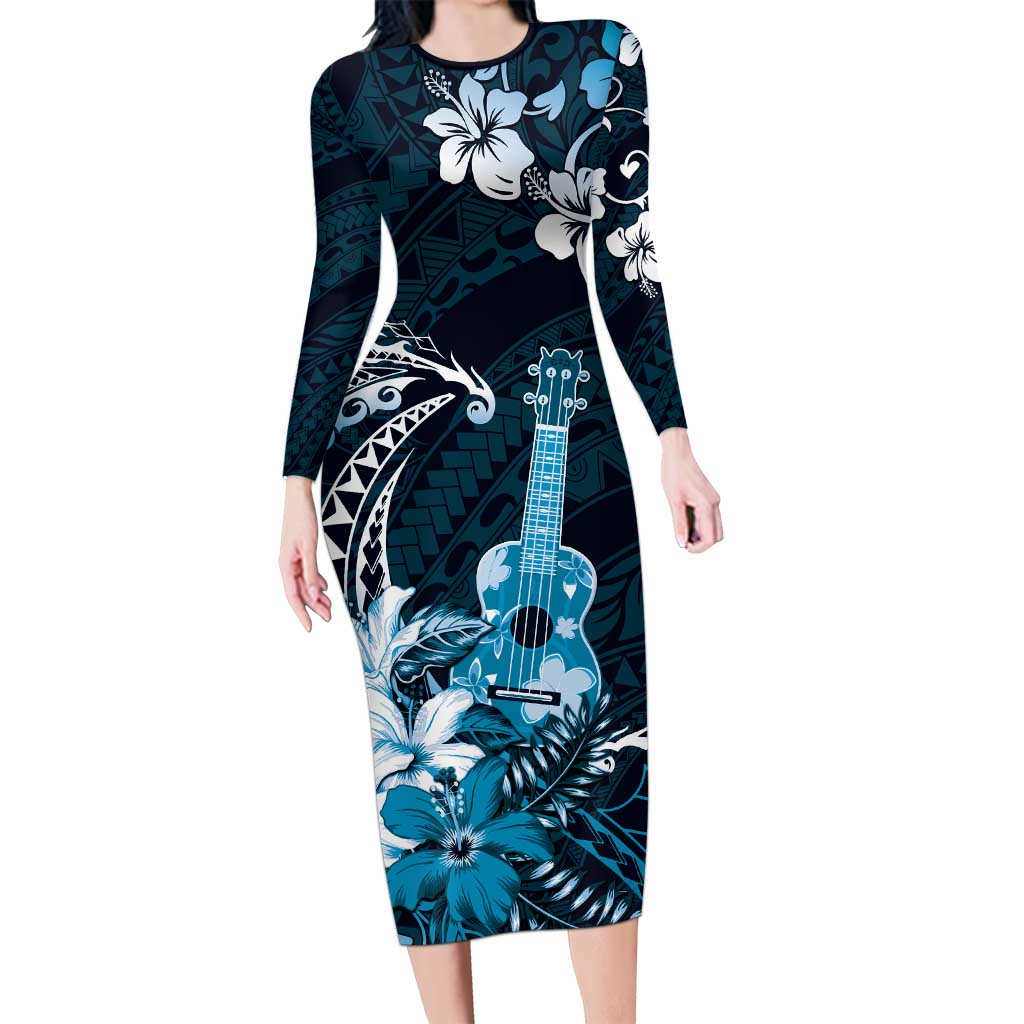 Hawaii Ukulele Long Sleeve Bodycon Dress Polynesian Pattern Mix Hibiscus Blue Version LT05 Long Dress Blue - Polynesian Pride
