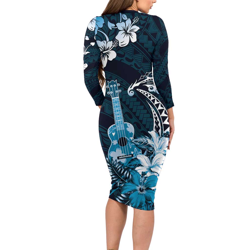 Hawaii Ukulele Long Sleeve Bodycon Dress Polynesian Pattern Mix Hibiscus Blue Version LT05 - Polynesian Pride