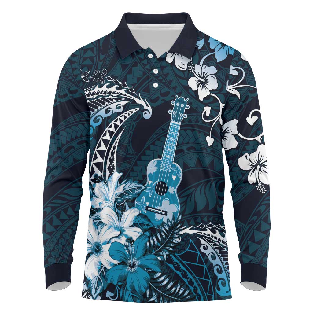 Hawaii Ukulele Long Sleeve Polo Shirt Polynesian Pattern Mix Hibiscus Blue Version LT05 Blue - Polynesian Pride