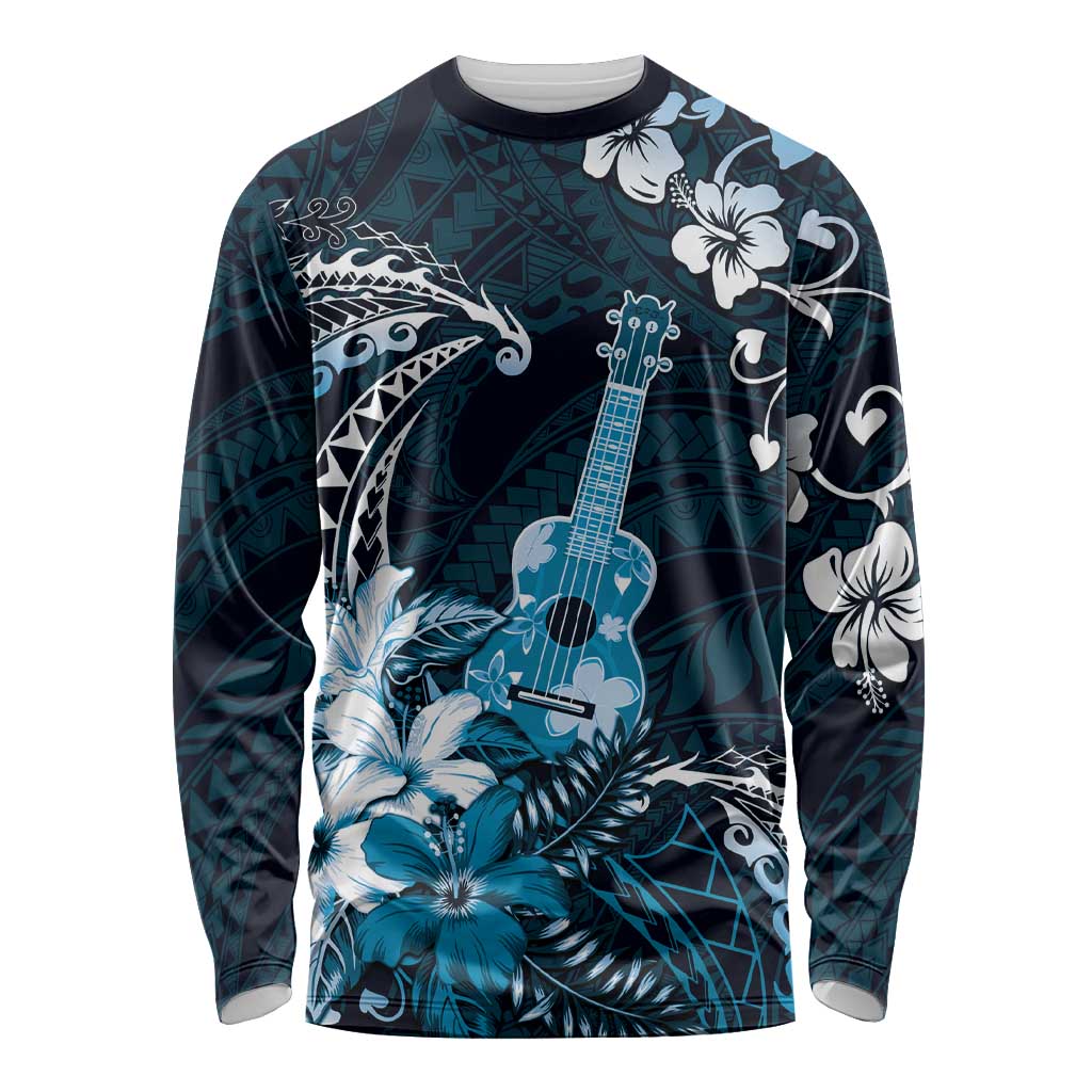Hawaii Ukulele Long Sleeve Shirt Polynesian Pattern Mix Hibiscus Blue Version LT05 Unisex Blue - Polynesian Pride