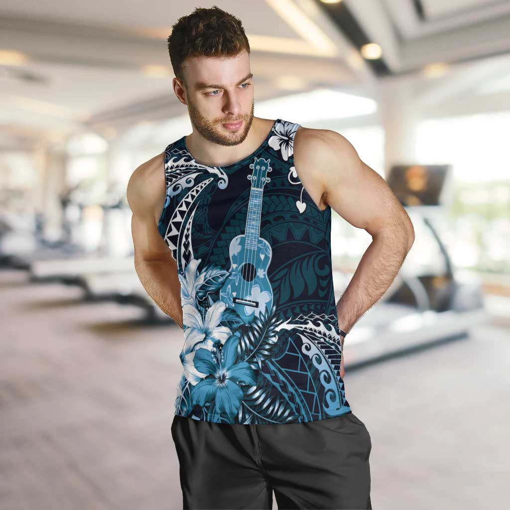Hawaii Ukulele Men Tank Top Polynesian Pattern Mix Hibiscus Blue Version LT05 Blue - Polynesian Pride