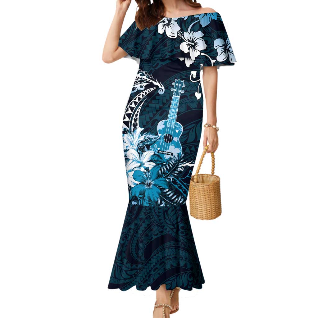 Hawaii Ukulele Mermaid Dress Polynesian Pattern Mix Hibiscus Blue Version LT05 Women Blue - Polynesian Pride