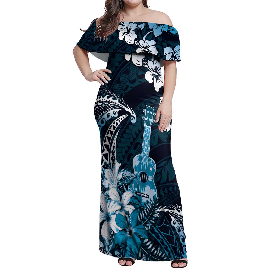 Hawaii Ukulele Off Shoulder Maxi Dress Polynesian Pattern Mix Hibiscus Blue Version LT05 Women Blue - Polynesian Pride