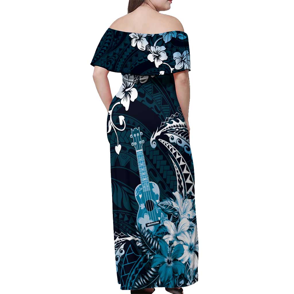 Hawaii Ukulele Off Shoulder Maxi Dress Polynesian Pattern Mix Hibiscus Blue Version LT05 - Polynesian Pride
