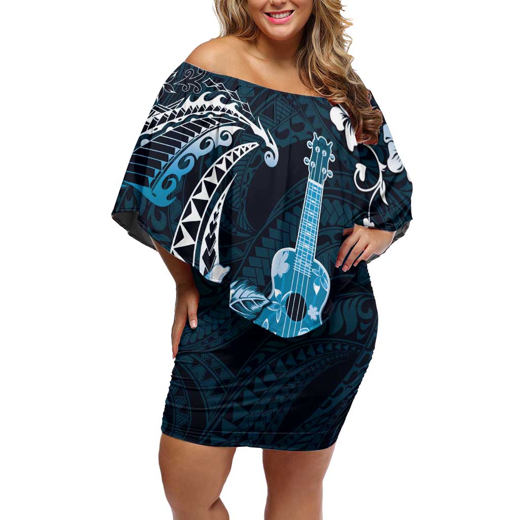 Hawaii Ukulele Off Shoulder Short Dress Polynesian Pattern Mix Hibiscus Blue Version LT05 Women Blue - Polynesian Pride