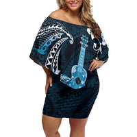 Hawaii Ukulele Off Shoulder Short Dress Polynesian Pattern Mix Hibiscus Blue Version LT05 Women Blue - Polynesian Pride