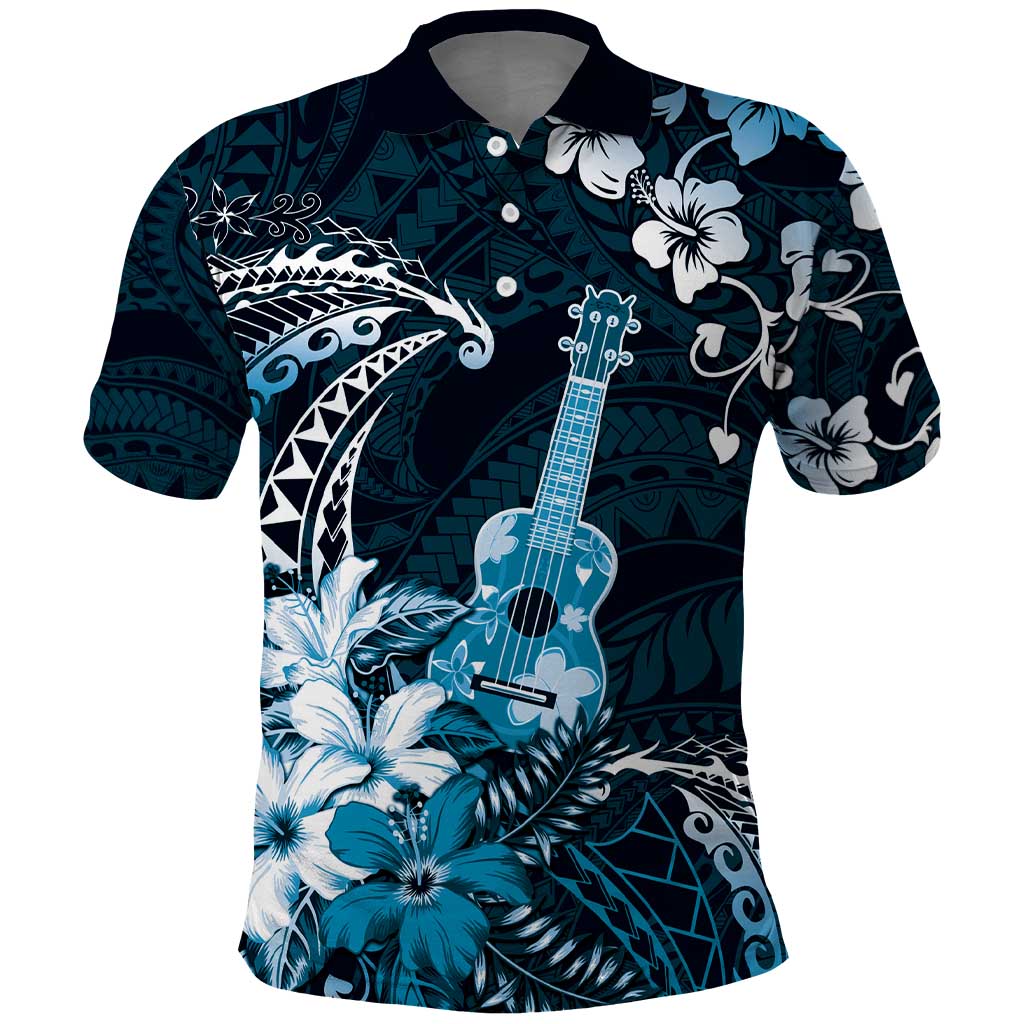 Hawaii Ukulele Polo Shirt Polynesian Pattern Mix Hibiscus Blue Version LT05 Blue - Polynesian Pride