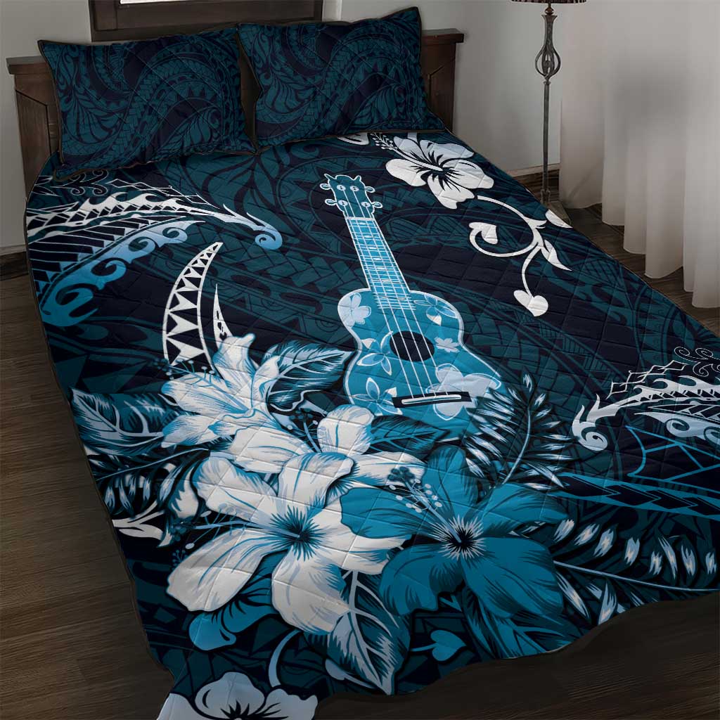 Hawaii Ukulele Quilt Bed Set Polynesian Pattern Mix Hibiscus Blue Version LT05 Blue - Polynesian Pride