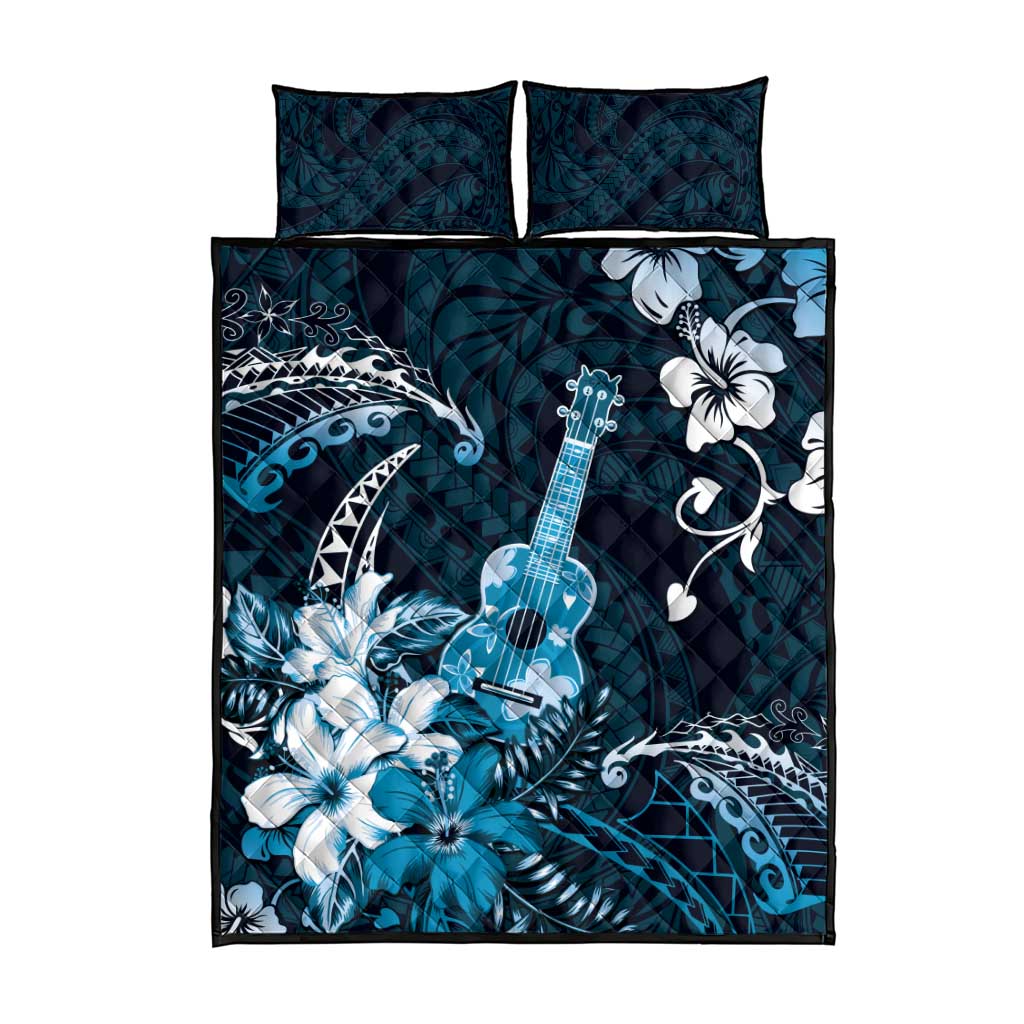Hawaii Ukulele Quilt Bed Set Polynesian Pattern Mix Hibiscus Blue Version LT05 - Polynesian Pride