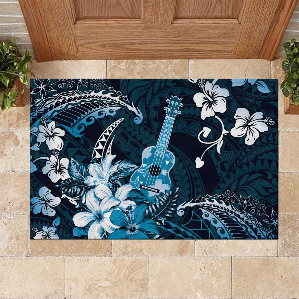 Hawaii Ukulele Rubber Doormat Polynesian Pattern Mix Hibiscus Blue Version LT05 Blue - Polynesian Pride