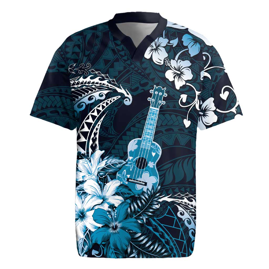 Hawaii Ukulele Rugby Jersey Polynesian Pattern Mix Hibiscus Blue Version LT05 Blue - Polynesian Pride