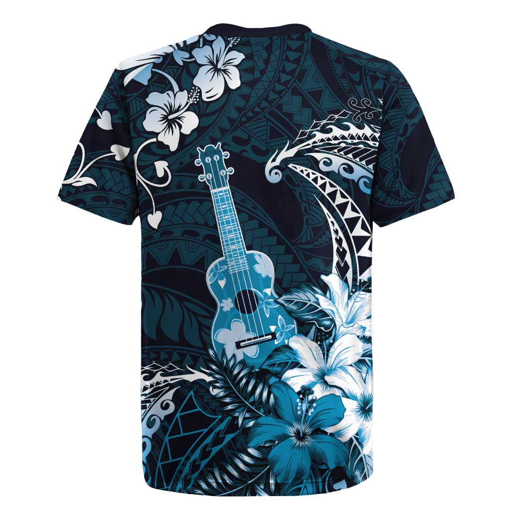 Hawaii Ukulele Rugby Jersey Polynesian Pattern Mix Hibiscus Blue Version LT05 - Polynesian Pride