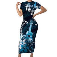 Hawaii Ukulele Short Sleeve Bodycon Dress Polynesian Pattern Mix Hibiscus Blue Version LT05 Long Dress Blue - Polynesian Pride