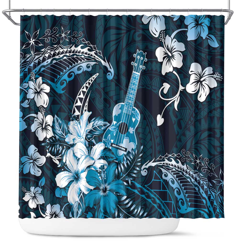 Hawaii Ukulele Shower Curtain Polynesian Pattern Mix Hibiscus Blue Version LT05 Blue - Polynesian Pride