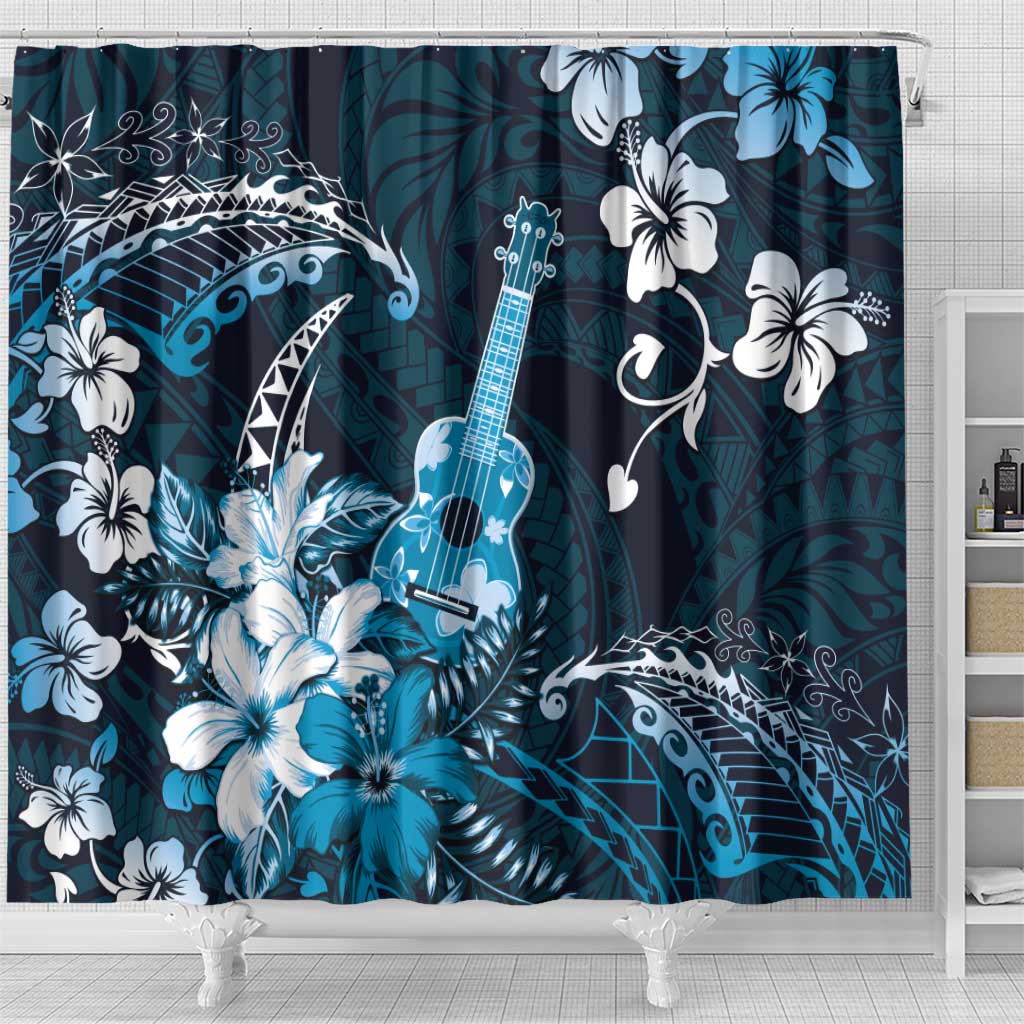 Hawaii Ukulele Shower Curtain Polynesian Pattern Mix Hibiscus Blue Version LT05 - Polynesian Pride