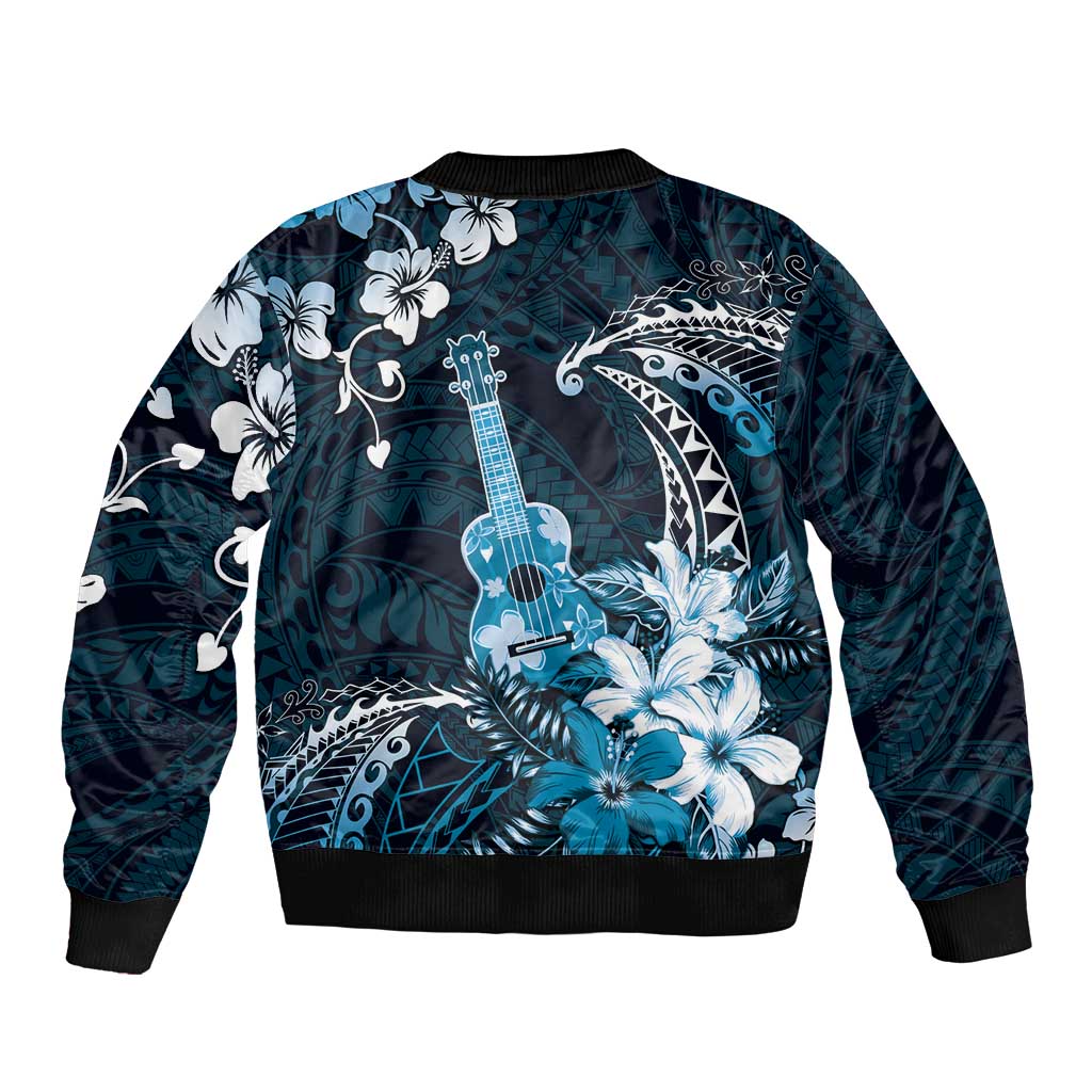 Hawaii Ukulele Sleeve Zip Bomber Jacket Polynesian Pattern Mix Hibiscus Blue Version LT05 - Polynesian Pride