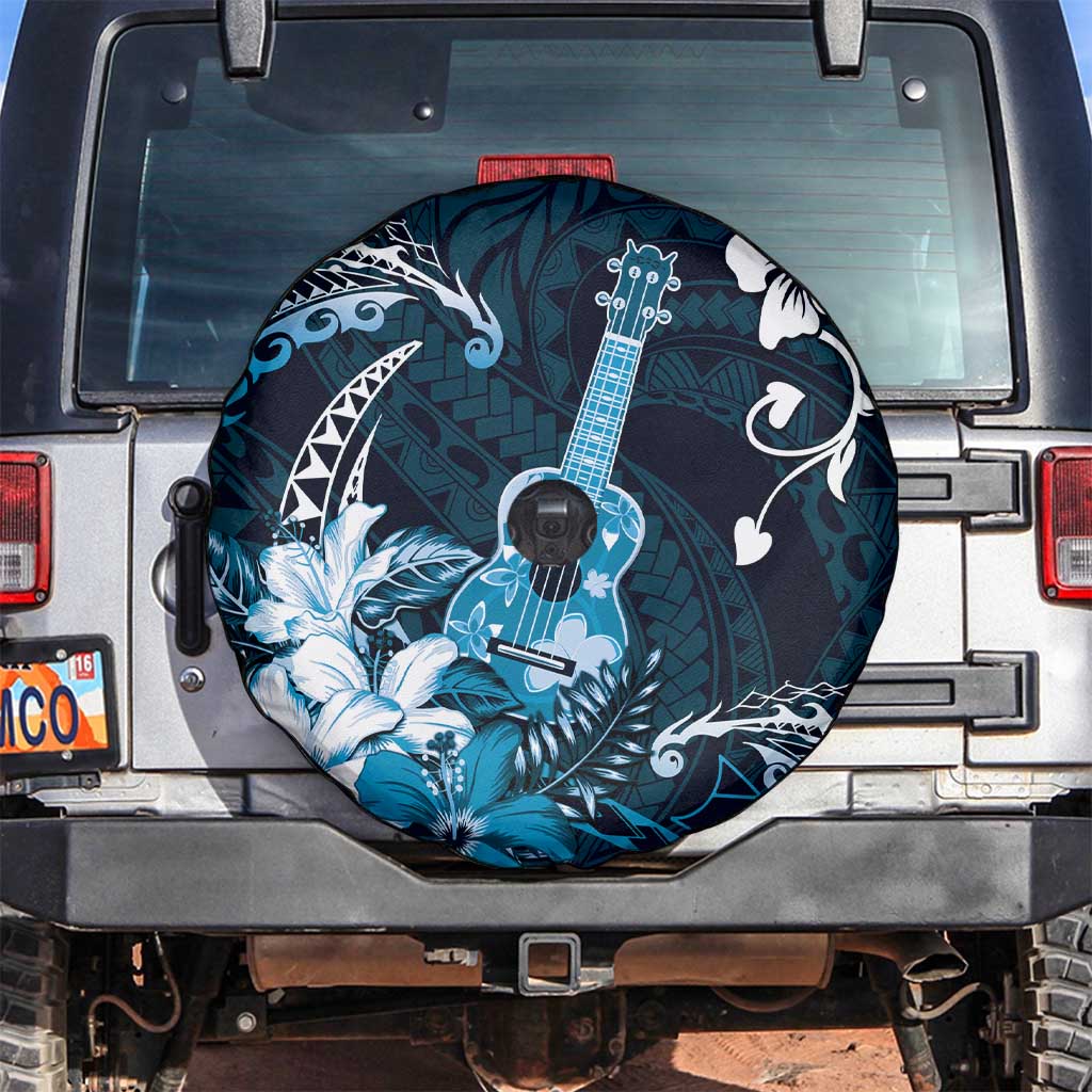 Hawaii Ukulele Spare Tire Cover Polynesian Pattern Mix Hibiscus Blue Version