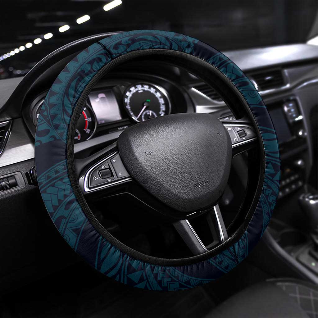 Hawaii Ukulele Steering Wheel Cover Polynesian Pattern Mix Hibiscus Blue Version LT05 Universal Fit Blue - Polynesian Pride