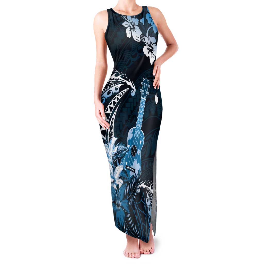 Hawaii Ukulele Tank Maxi Dress Polynesian Pattern Mix Hibiscus Blue Version LT05 Women Blue - Polynesian Pride