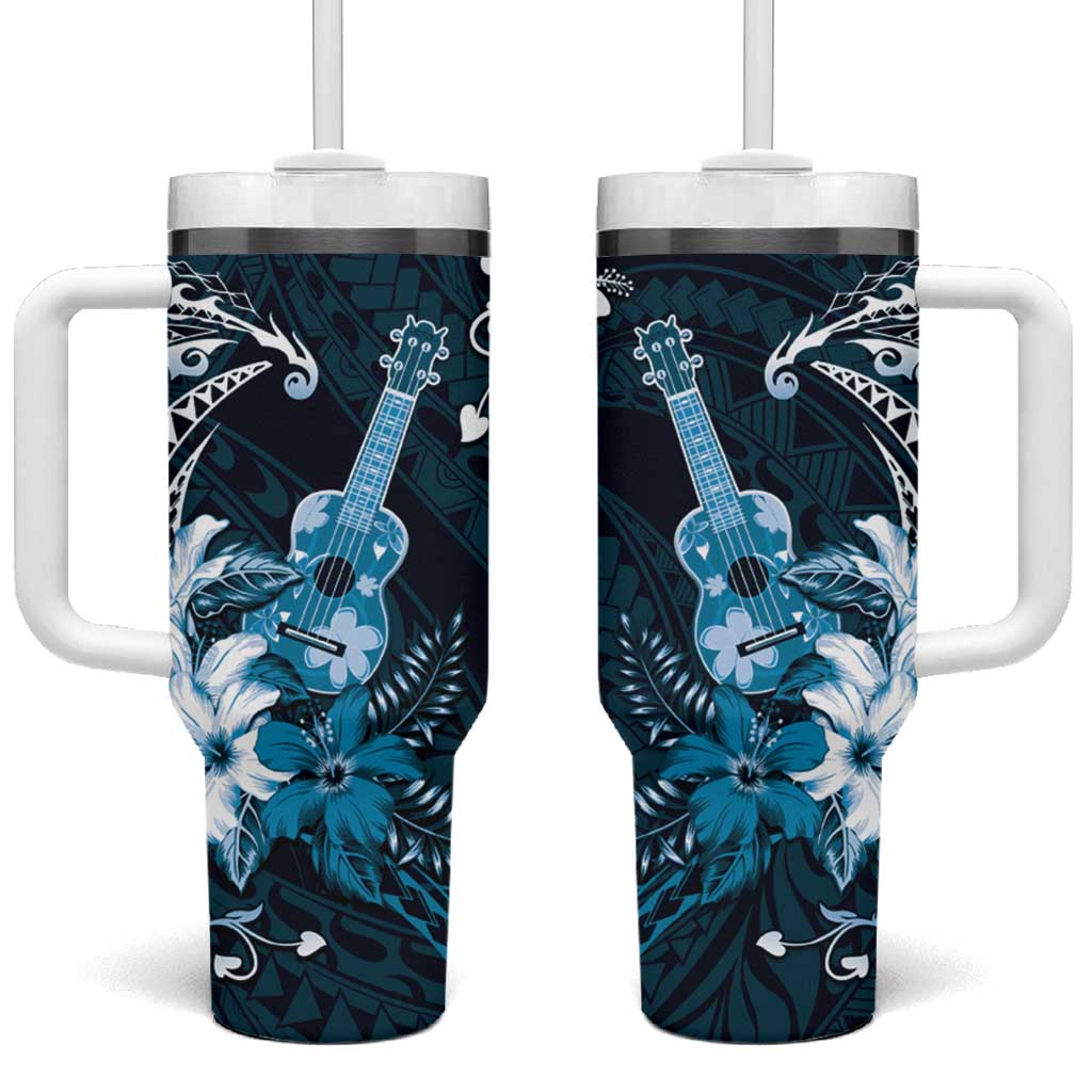 Hawaii Ukulele Tumbler With Handle Polynesian Pattern Mix Hibiscus Blue Version LT05 One Size: 40 oz Blue - Polynesian Pride