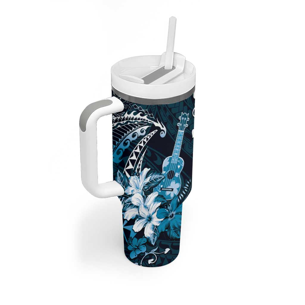 Hawaii Ukulele Tumbler With Handle Polynesian Pattern Mix Hibiscus Blue Version LT05 - Polynesian Pride