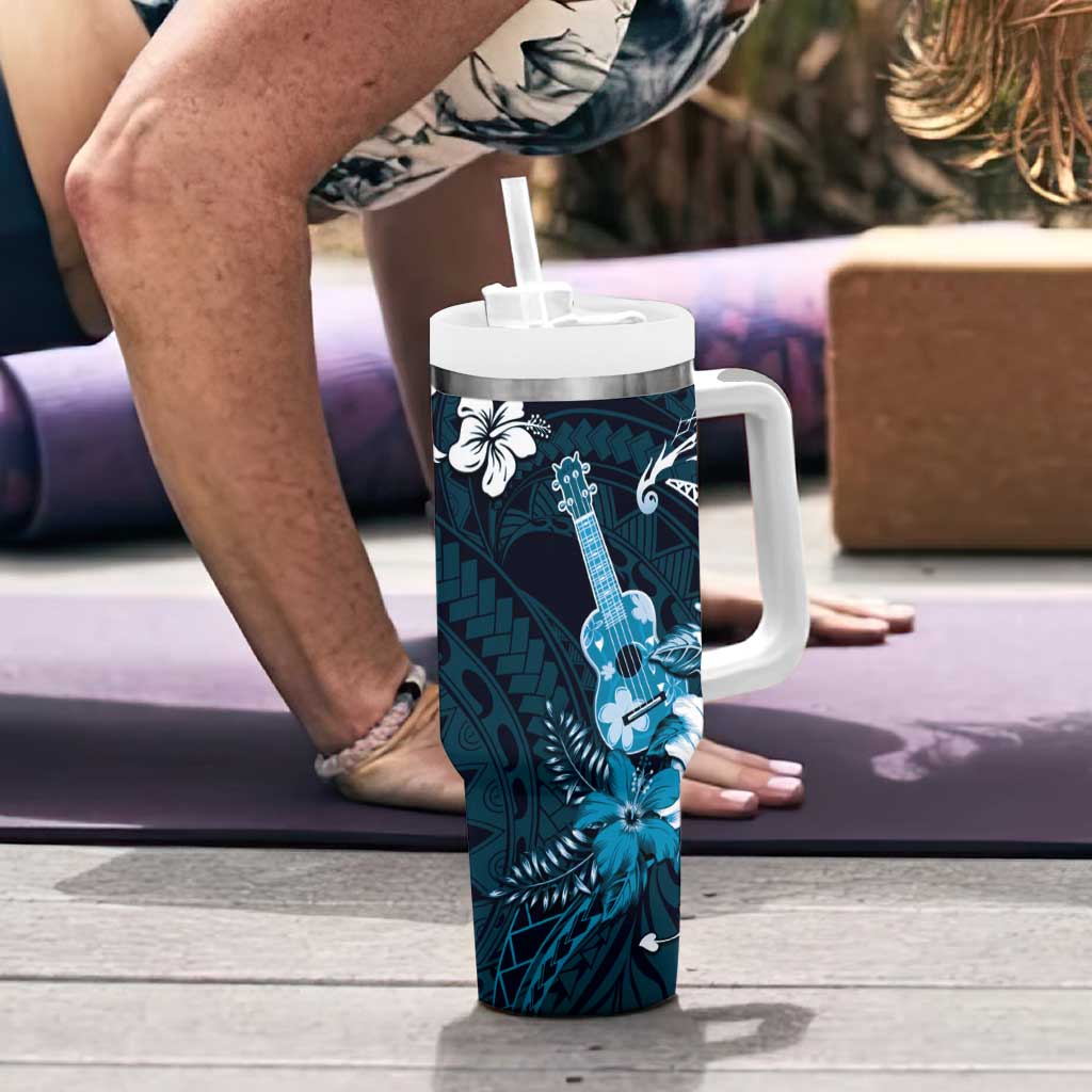 Hawaii Ukulele Tumbler With Handle Polynesian Pattern Mix Hibiscus Blue Version LT05 - Polynesian Pride
