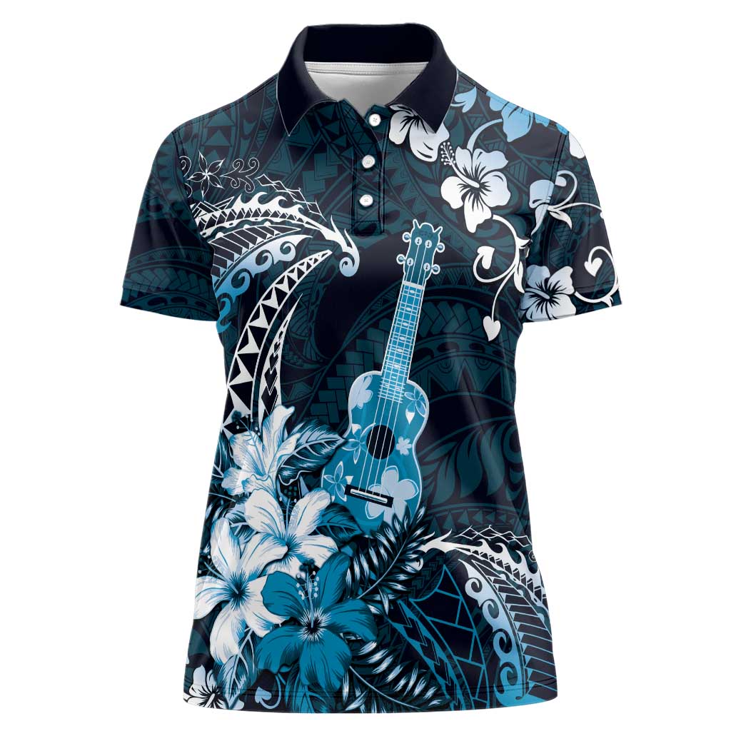 Hawaii Ukulele Women Polo Shirt Polynesian Pattern Mix Hibiscus Blue Version LT05 Female Blue - Polynesian Pride