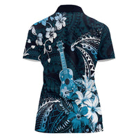 Hawaii Ukulele Women Polo Shirt Polynesian Pattern Mix Hibiscus Blue Version LT05 - Polynesian Pride