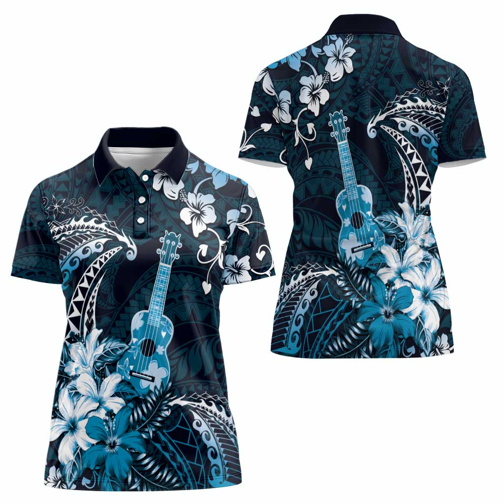 Hawaii Ukulele Women Polo Shirt Polynesian Pattern Mix Hibiscus Blue Version LT05 - Polynesian Pride
