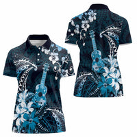 Hawaii Ukulele Women Polo Shirt Polynesian Pattern Mix Hibiscus Blue Version LT05 - Polynesian Pride