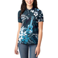 Hawaii Ukulele Women Polo Shirt Polynesian Pattern Mix Hibiscus Blue Version LT05 - Polynesian Pride