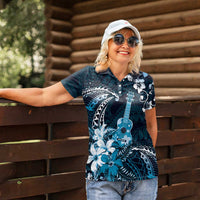 Hawaii Ukulele Women Polo Shirt Polynesian Pattern Mix Hibiscus Blue Version LT05 - Polynesian Pride
