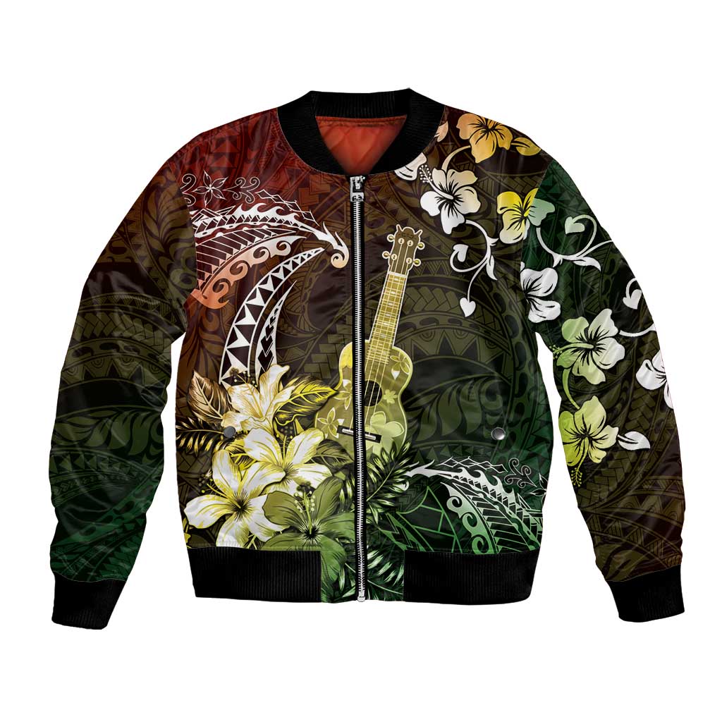 Hawaii Ukulele Bomber Jacket Polynesian Pattern Mix Hibiscus Reggae Version LT05 Unisex Reggae - Polynesian Pride
