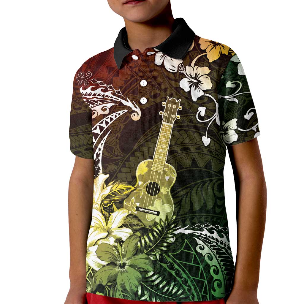 Hawaii Ukulele Kid Polo Shirt Polynesian Pattern Mix Hibiscus Reggae Version LT05 Kid Reggae - Polynesian Pride