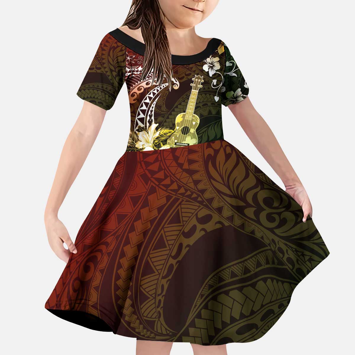 Hawaii Ukulele Kid Short Sleeve Dress Polynesian Pattern Mix Hibiscus Reggae Version LT05 KID Reggae - Polynesian Pride