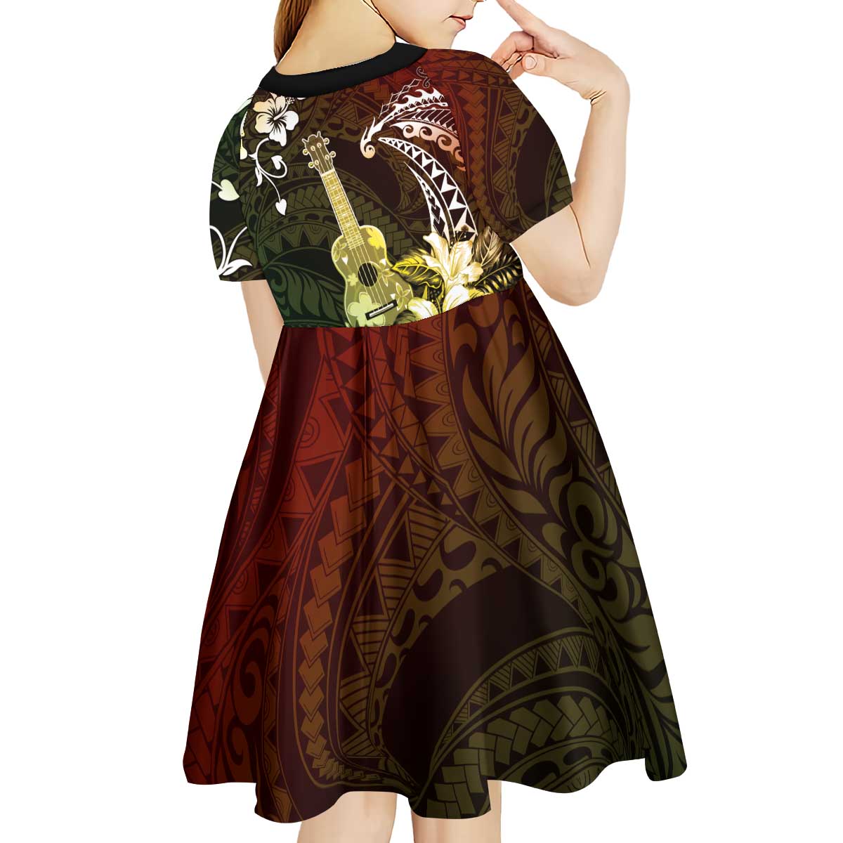 Hawaii Ukulele Kid Short Sleeve Dress Polynesian Pattern Mix Hibiscus Reggae Version LT05 - Polynesian Pride
