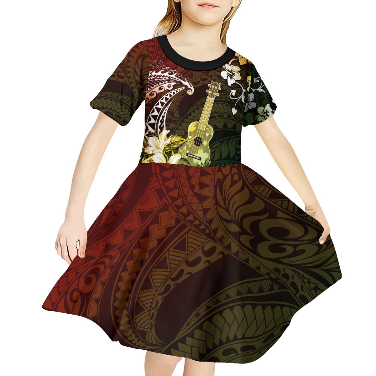 Hawaii Ukulele Kid Short Sleeve Dress Polynesian Pattern Mix Hibiscus Reggae Version LT05 - Polynesian Pride