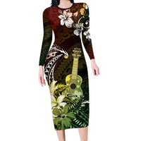 Hawaii Ukulele Long Sleeve Bodycon Dress Polynesian Pattern Mix Hibiscus Reggae Version LT05 Long Dress Reggae - Polynesian Pride