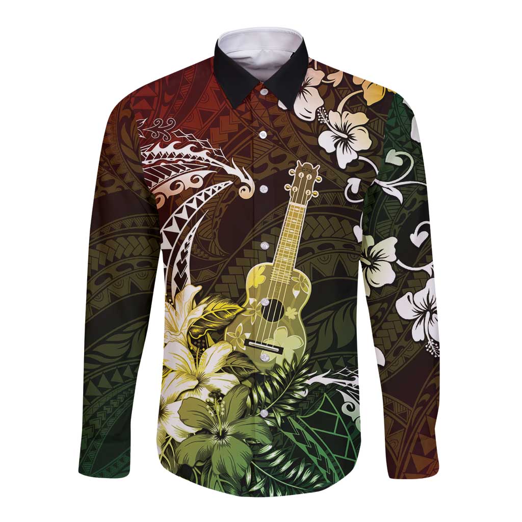 Hawaii Ukulele Long Sleeve Button Shirt Polynesian Pattern Mix Hibiscus Reggae Version LT05 Unisex Reggae - Polynesian Pride
